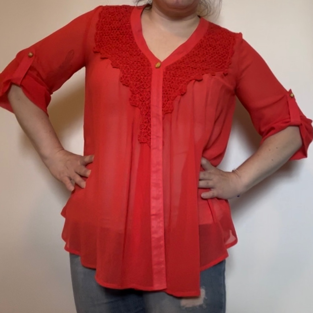 Charming Charlie bright Orange sheer cardigan blouse Size Small